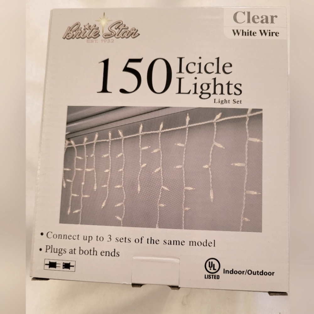 Brite Star Clear 150 Icicle Lights with White Wire